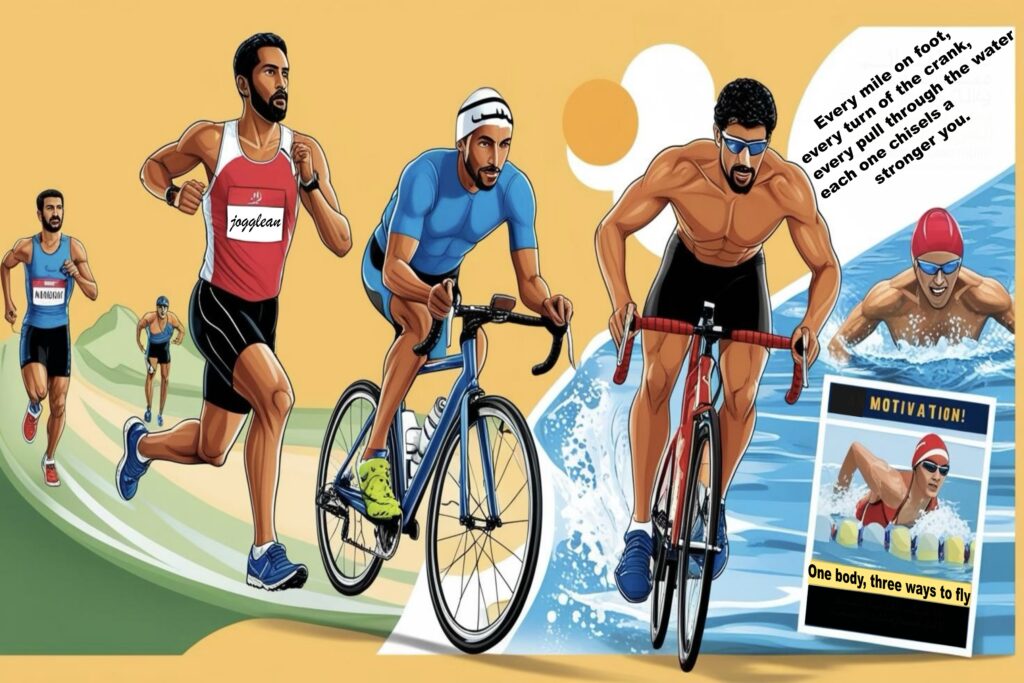 Illustration of a triathlon featuring athletes participating in running, cycling, and swimming events. On the left, several runners are on a trail, one wearing a red and white jersey labeled 'jogglean.' In the center, two cyclists in blue and red gear race forward. On the right, swimmers are seen in action in a pool, with one featured in a motivational poster. The background has a bright, energetic tone with stylized sun shapes and water splashes.