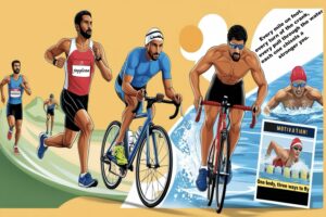 Illustration of a triathlon featuring athletes participating in running, cycling, and swimming events. On the left, several runners are on a trail, one wearing a red and white jersey labeled 'jogglean.' In the center, two cyclists in blue and red gear race forward. On the right, swimmers are seen in action in a pool, with one featured in a motivational poster. The background has a bright, energetic tone with stylized sun shapes and water splashes.