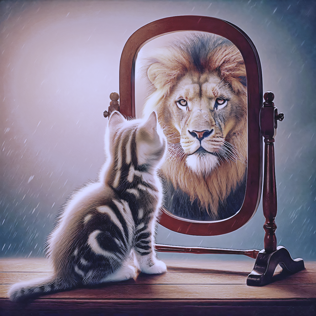 In this artwork, a young feline is seen looking into a mirror, with its reflection resembling a majestic lion