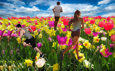 two males and one female running on top of tulip field