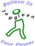 Logo featuring a stylized green running figure with the words 'Believe In Your Power' in bold blue text, representing motivation, self-confidence, and running empowerment.