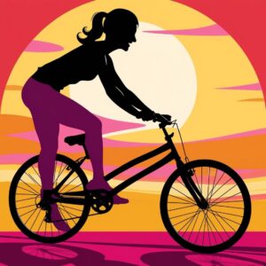 female silhouette is captured mid-motion as she learns to ride a bicycle. Her posture is slightly unsteady, arms stretched forward to grip the handlebars, and one foot hovers near the ground for balance. The scene is set during golden hour, with warm sunlight casting long shadows and highlighting her determination. The background is soft and blurred, hinting at a quiet suburban park or street lined with trees.