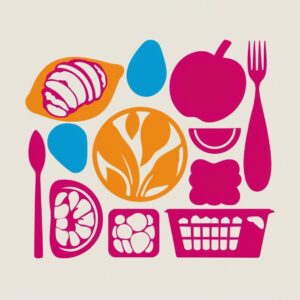 Silhouettes of various foods arranged to represent different macronutrients—lean meats and legumes symbolizing proteins, bread and grains representing carbohydrates, and an overall grouping to indicate calorie content, illustrating balanced nutrition
