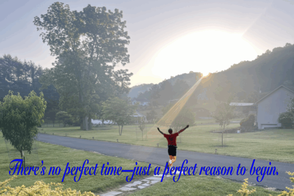 A joyful runner stands on a trail with arms wide open, facing the sunrise. The golden morning sun lights up the sky, casting a warm glow over green hills and a peaceful landscape, symbolizing a fresh start and positive energy.