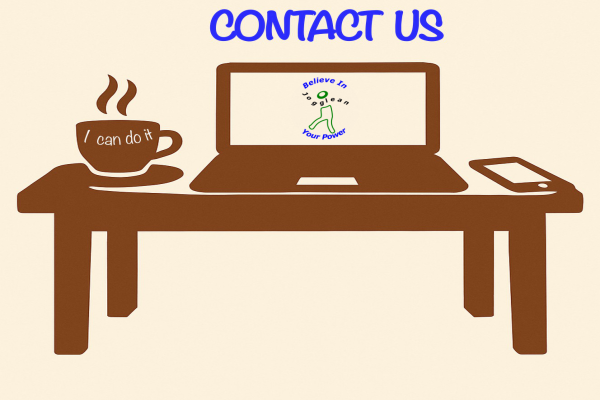 Brown-themed desktop with a computer at the center displaying the blue Jogglean logo on the screen; above the image is the blue text 'Contact Us'. A coffee cup on the left reads 'I can do it', and a mobile phone is placed on the right.
