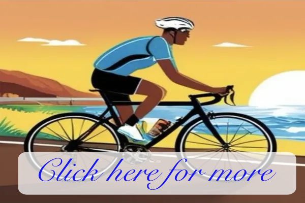 Silhouette of person riding a bicycle with a helmet, next to the ocean at sunrise with the sun rising on the right side.