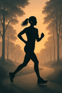 silhouette of a woman running in the park just before sunrise listening to a music trough white earphones