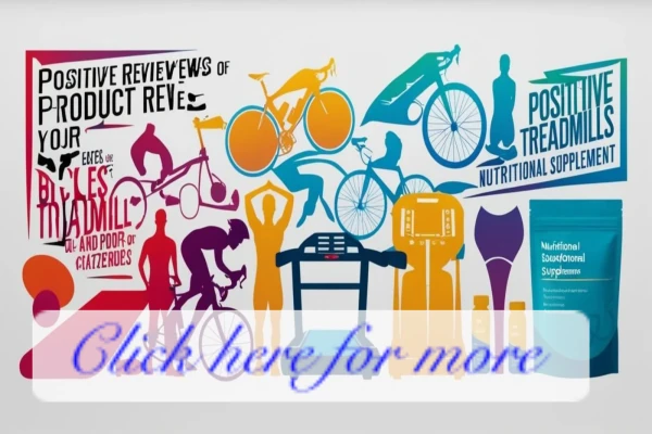 Colorful collage of fitness and health elements including cyclists, runners, a swimmer, a treadmill, exercise equipment, and nutritional supplement packaging, with stylized text referencing product reviews and gear.