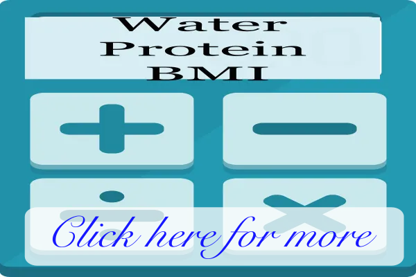Blue calculator displaying Water, Protein and BMI, and plus, minus, division and multiplication keys