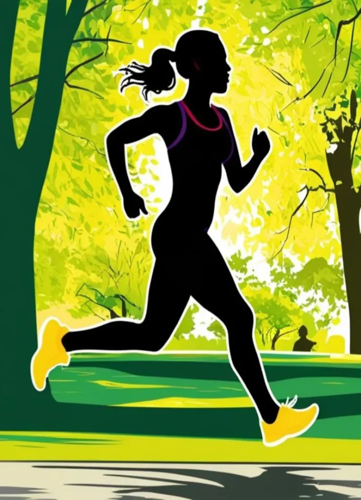 Silhouette of a woman running in a park surrounded by tall trees, with sunlight filtering through the canopy, creating a sunny day atmosphere.